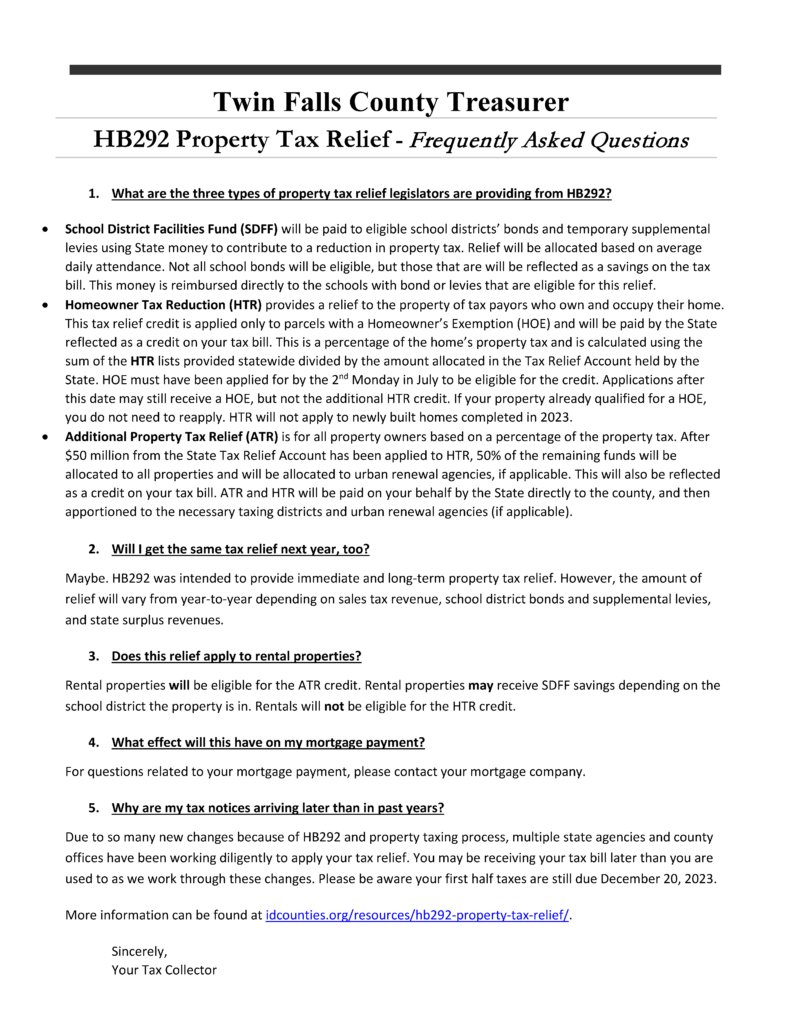 HB292 Property Tax Relief Frequently Asked Questions Twin Falls County